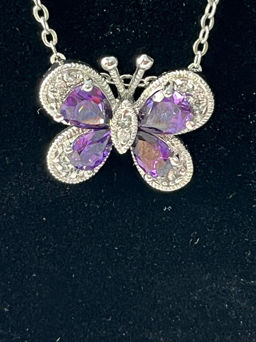 Butterfly Pendant Necklace Purple Glass CZ 18" Silver Tone Chain Dainty Sparkly